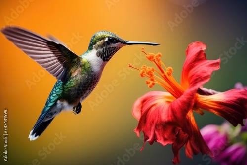 International Bird Day, a beautiful hummingbird drinks nectar from a flower, a bird in flight, tropical birds and plants © Svetlana Leuto