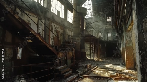 An abandoned industrial interior, with rusted machinery and decaying infrastructure, evokes a sense of desolation and neglect