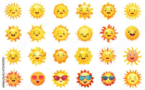 Baby morning suns. Smiling sun emojis set, happy bright sunshine yellow child vector characters, cartoon sunbeam sunny faces isolated vectors