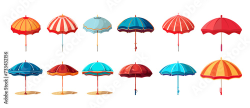 Beach umbrellas. Isolated cartoon umbrella colorful set. Sun protect on ocean or sea coast. Safety resting, travelling and relaxing vector collection