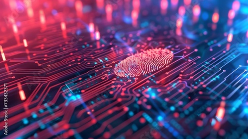 An abstract representation of cybersecurity, featuring fingerprint scanning overlaid on a circuit board