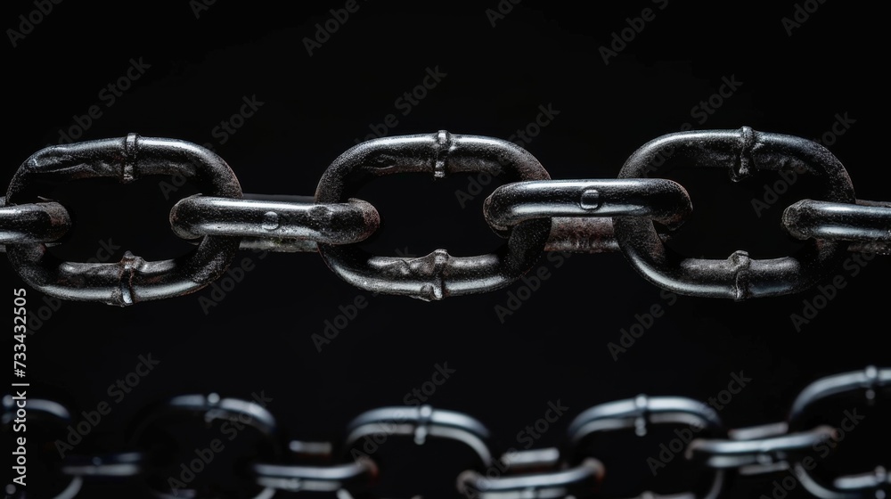 Closeup strong metal chain on a black background Closeup strong metal chain on a black background
