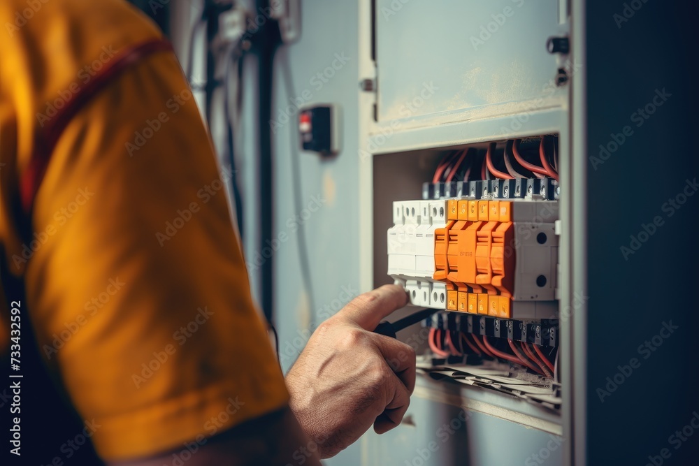 Close up detail of an electrician hands working with wires and fuse switch box. Close up detail of an electrician hands working with wires and fuse switch box.