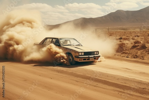 The car is drifting in the desert in the sand