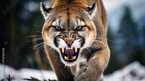 Roaring cougar or mountain lion hunts its prey