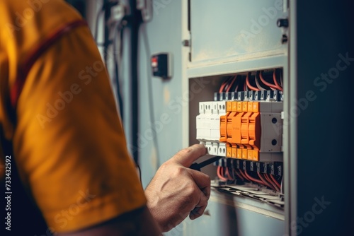 Close up detail of an electrician hands working with wires and fuse switch box.