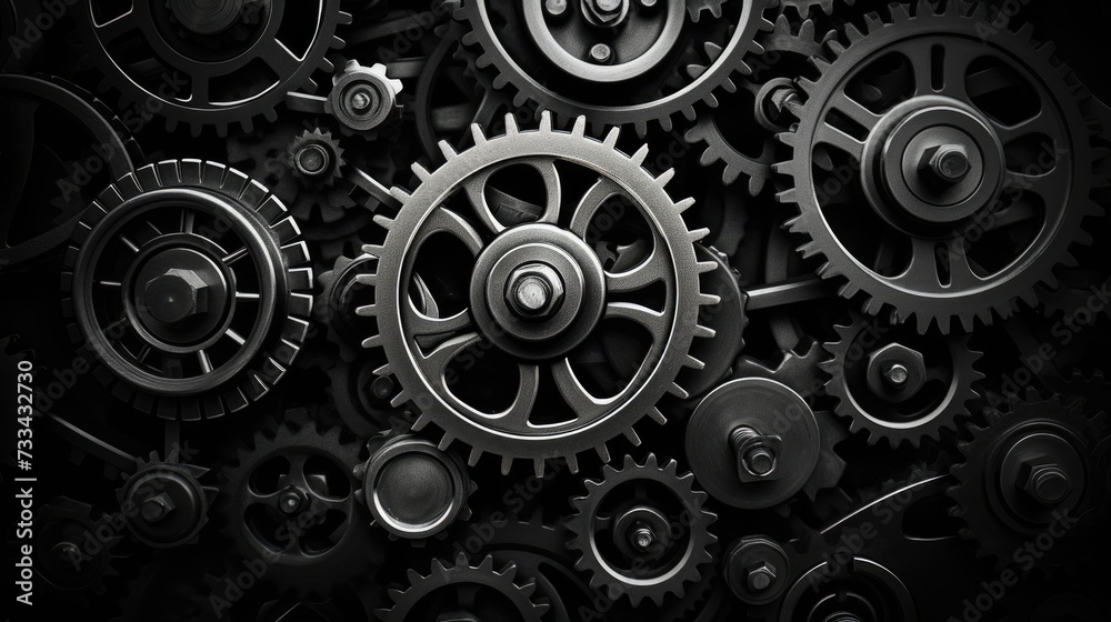 Retro black and white background of industrial cogs or gears with movement