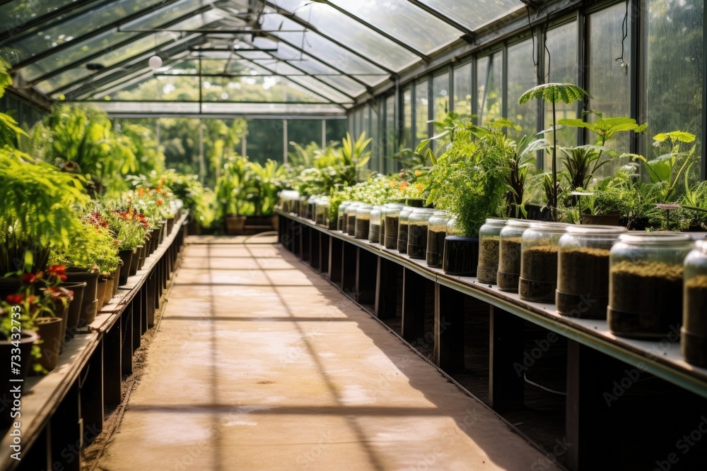 Rows of potted plants under greenhouse glass panels. Preparation for planting in spring