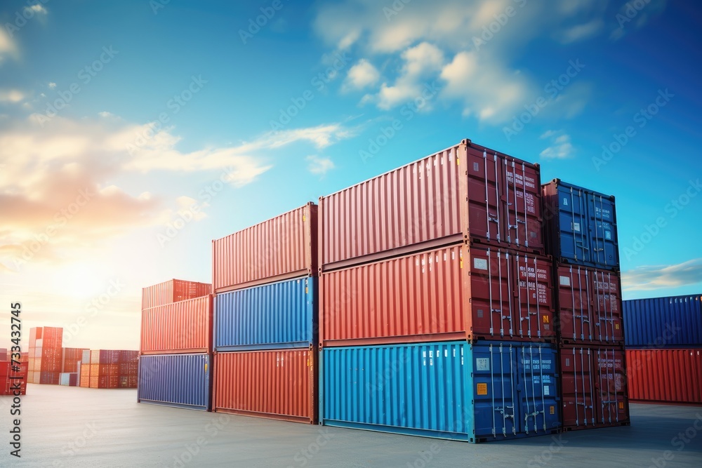 Stack of blue container boxes with sky background. Cargo freight shipping for import and export logistics Stack of blue container boxes with sky background. Cargo freight shipping for import and export logistics