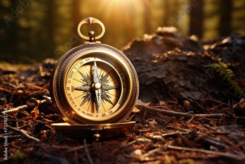 Vintage compass on the log in forest, warm sun light