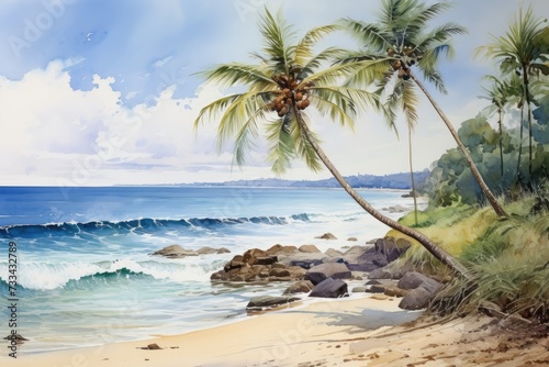 Watercolor painting of palm trees, palm tree on the beach with sea.