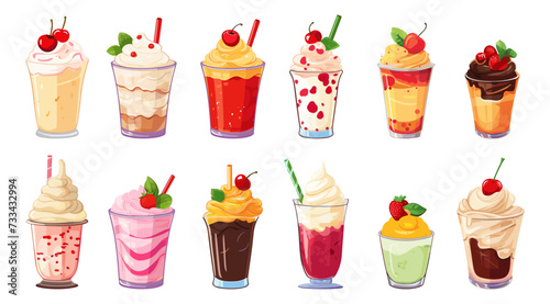 Cartoon milkshakes with cream, fruits and berries. Isolated sweet dessert drinks. Children menu in cafe or bar, tasty cold summer food vector set