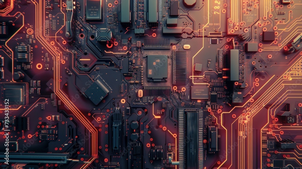 
The image depicts a circuit board, showcasing electronic computer hardware technology. It features a motherboard digital chip, representing tech science background