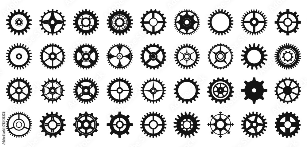 Cogwheels icons. Vector mechanical gears graphics, industrial wheels with cogs isolated, rotation machine gearwheels set on white Cogwheels icons. Vector mechanical gears graphics, industrial wheels with cogs isolated, rotation machine gearwheels set on white