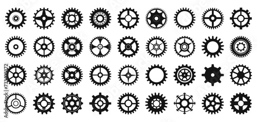 Cogwheels icons. Vector mechanical gears graphics, industrial wheels with cogs isolated, rotation machine gearwheels set on white photo
