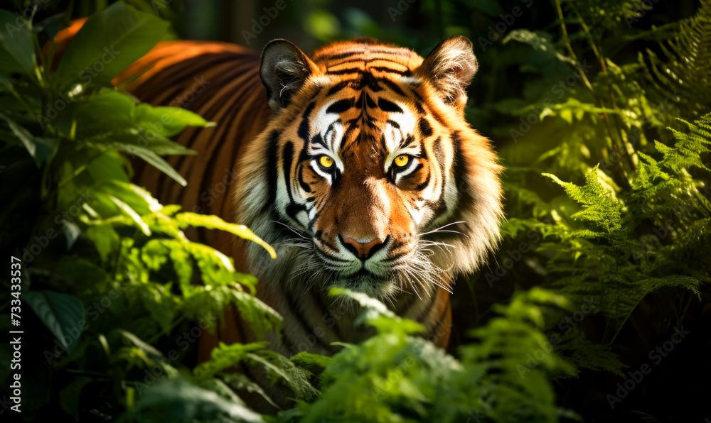 Fototapeta premium Intimate details of a majestic tiger showcased in a close-up within its natural jungle surroundings.