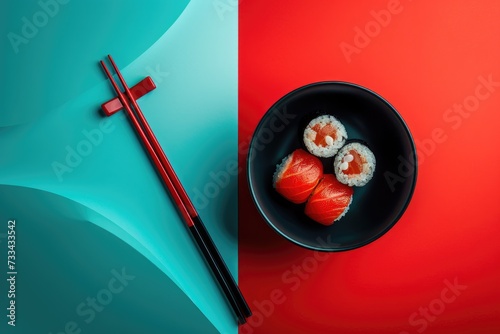 A contemporary sushi set with vibrant red salmon on a contrasting red and blue background. Japanese restaurant advertisisng