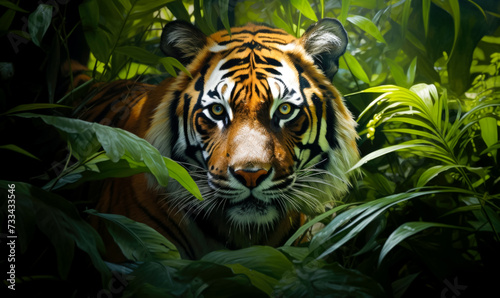 A close-up view capturing the intensity of a tiger in its jungle habitat.