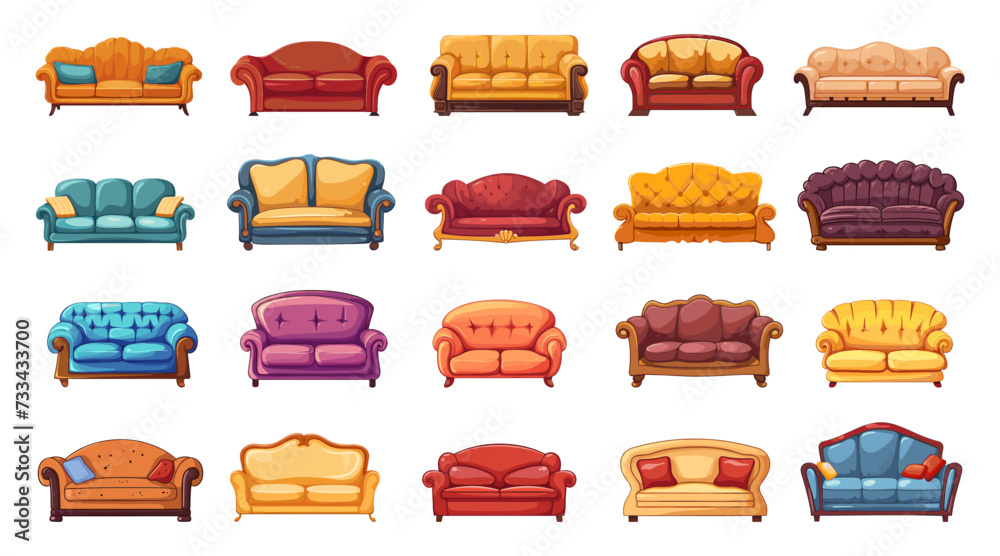 Cozy sofas and couches. Interior safa icons, isolated cartoon couch collection. Decorative vintage and modern furniture, interior design vector elements