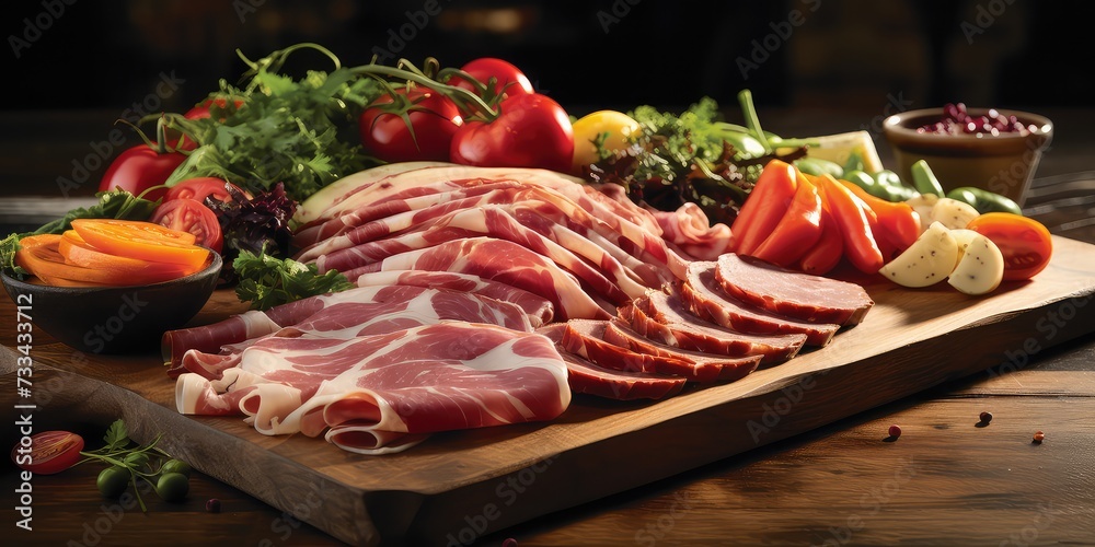 Savory smoked ham rests invitingly on a rustic wooden board alongside fresh, colorful vegetables. This delicious delight is a natural product sourced from an organic farm, promising both quality 