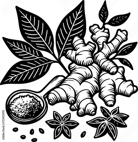 Ginger vector doodle spices illustration. Lemons, anise, ginger and cinnamon sticks.