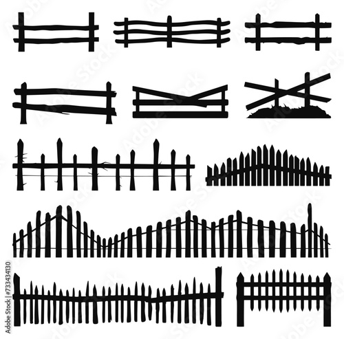 Farm fence silhouettes. Ranch wooden fences isolated, rural timber country backyard old black fencing vector illustration