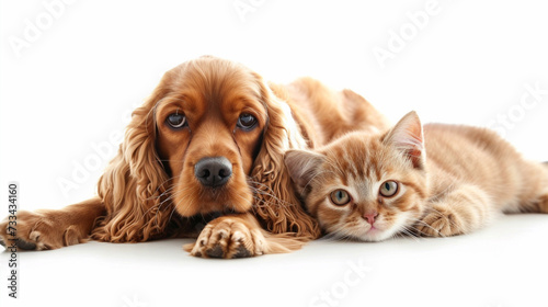 Adorable dog and cat on white background, lying on the floor, together, studio portrait. Cocker Spaniel. Veterinary, pets care. Concept pets love, animal life, humor, friendship.