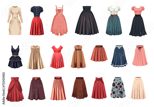 Female dress and skirt. Cartoon different dresses, long and short skirts. Isolated women clothes, elegant and daily designs. Fashion vector collection