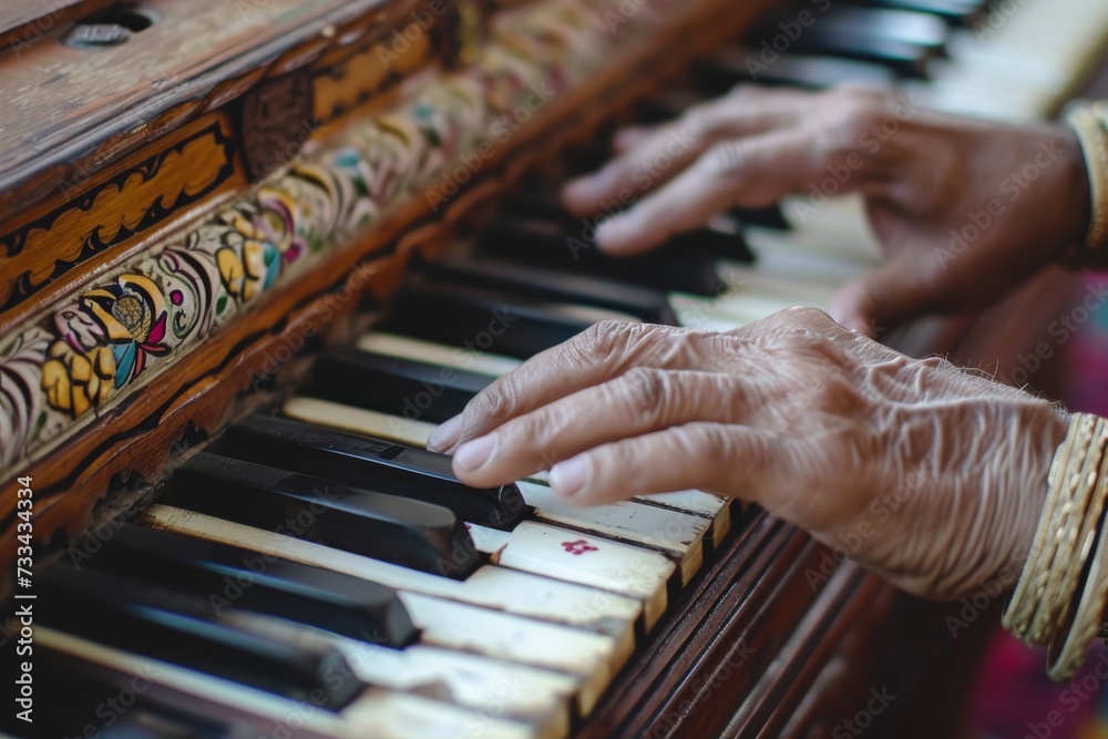 Melodic Harmony: Close-up of Hands Playing the Harmonium in an Indian Classical Music Performance generative ai