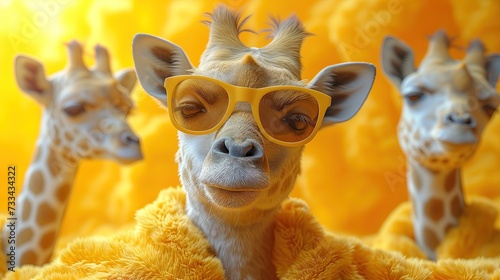 Zabawna Żyrafa nosząca żółte okulary i żółtą kurtkę. #733434322