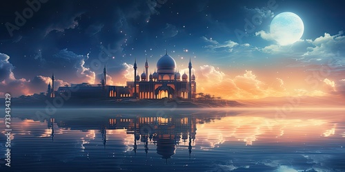 Ramadan Kareem: Experience the Serenity Above with a Generative AI Illustration of a Mosque Floating in the Clouds.