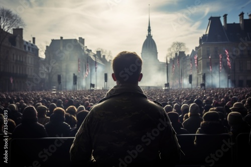 Man Standing in Front of a Crowd at a Military Parade. Generative AI. photo