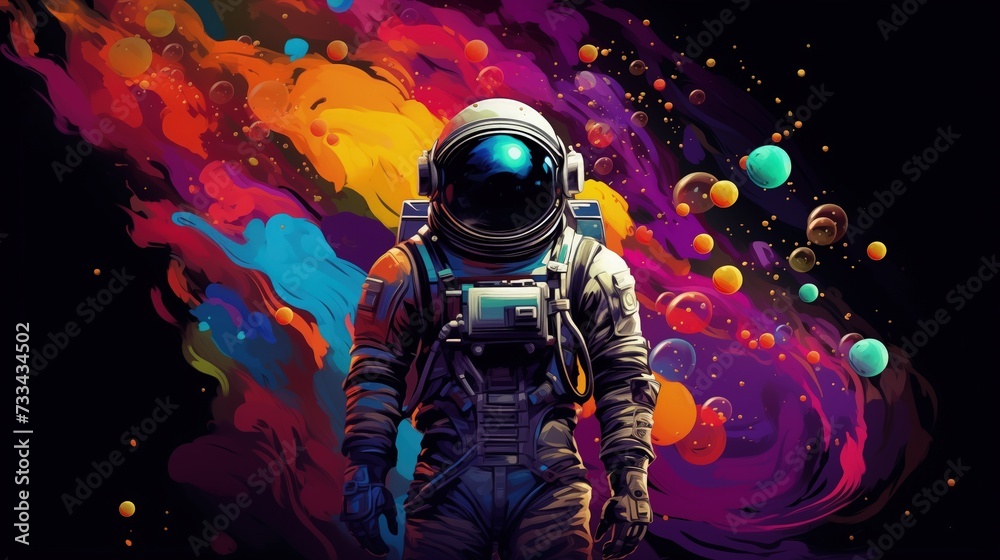 Astronauta stoi przed kolorowym tłem galaktyki z planetami - obrazy, fototapety, plakaty 