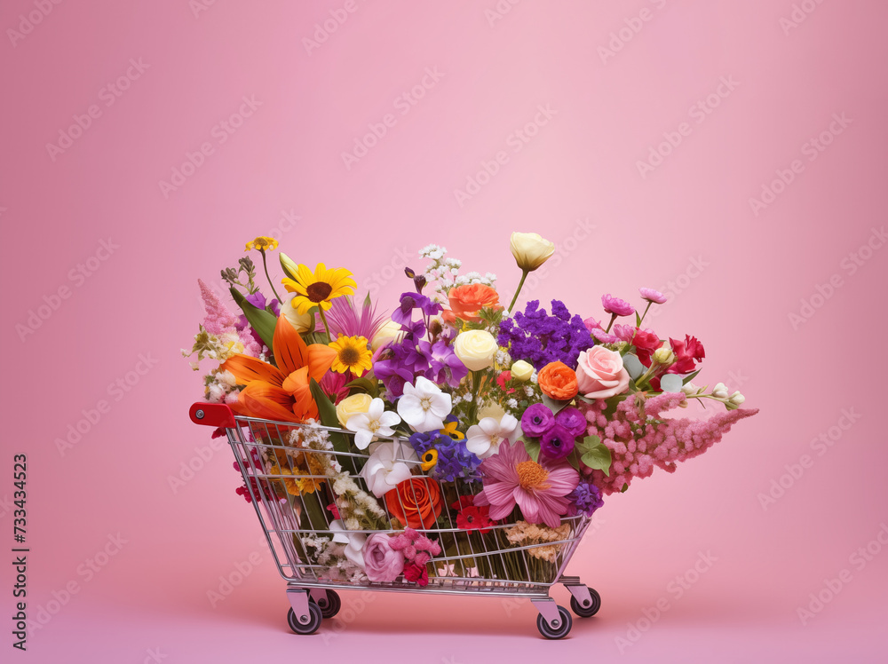 A supermarket trolley full of assorted flowers on a pink background. Spring flower shop banner layout.
