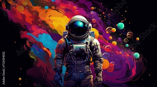 Astronauta stoi przed kolorowym tłem galaktyki z planetami photo