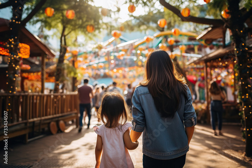 A little Asian girl goes with her mother to an amusement park. Generated by artificial intelligence