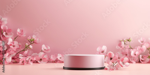Round pedestal or podium with cherry blossoms decoration on a pink background. Spring banner mockup with empty space for product placement. © OleksandrZastrozhnov