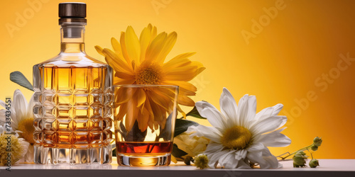 Whiskey or scotch bottle and glass with chrysanthemum flowers on an orange background. Spring alcoholic drinks banner layout.