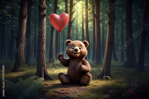 A brown bear in the forest is holding a red heart-shaped balloon. 3D cartoon animation character style. - Generative AI
