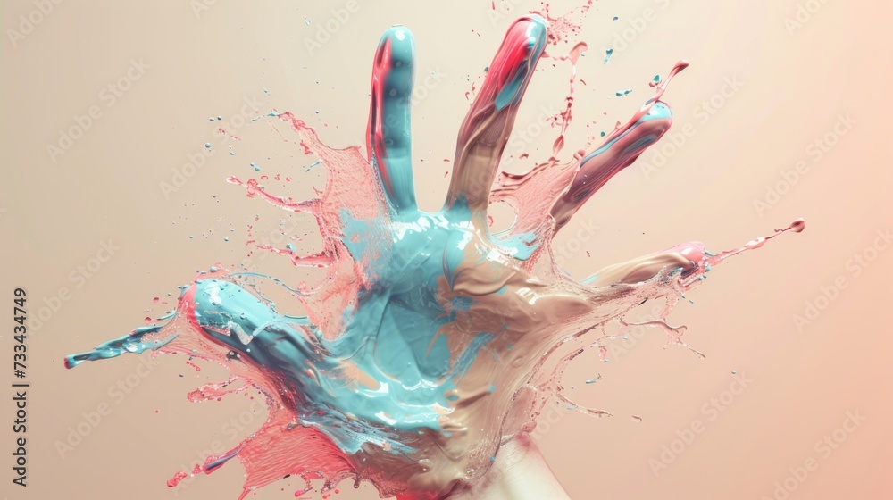 Human hand in pastel colors paint splashes on beige background. Splashes of colored liquid around a hand