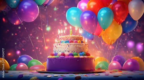 W obrazie widoczny jest tort urodzinowy otoczony balonami i konfetti. photo