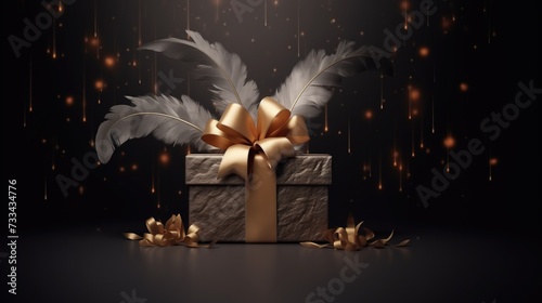 Zdjęcie przedstawia prezent w ozdobnym pudełku z złotą wstążką i piórem na ciemnym tle.