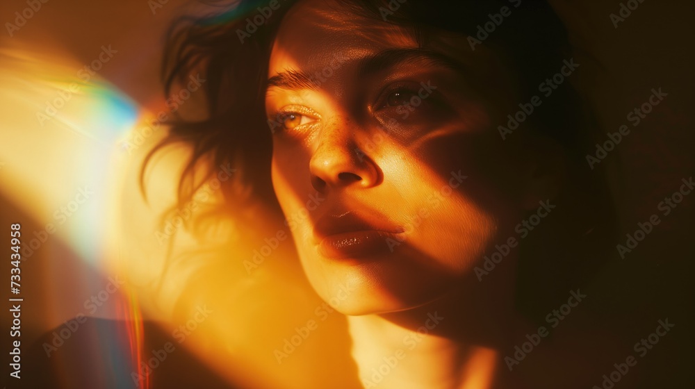 Rozmyte zdjęcie twarzy kobiety na którą padają jasne promienie słońca w ciemnym pomieszczeniu - obrazy, fototapety, plakaty 