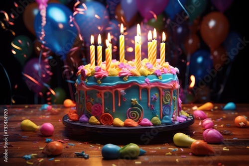 Colorful birthday cake with burning candles. Balloons at the background. Party mood. AI Generated