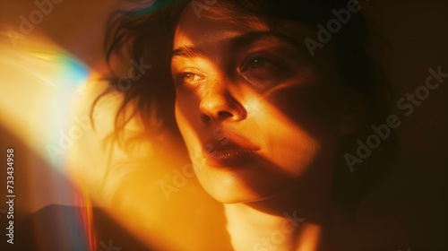 Rozmyte zdjęcie twarzy kobiety na którą padają jasne promienie słońca w ciemnym pomieszczeniu