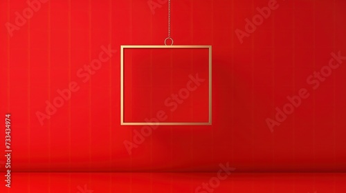 Na zdjęciu widać czerwony pokój, w którym zawieszona jest złota rama z sufitu.