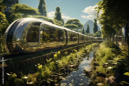 Ecological innovations in transport photorealistic. Green solutions for urban mobility. Modern, futuristic train passing on mono rail in the city. Ecological future concept. 