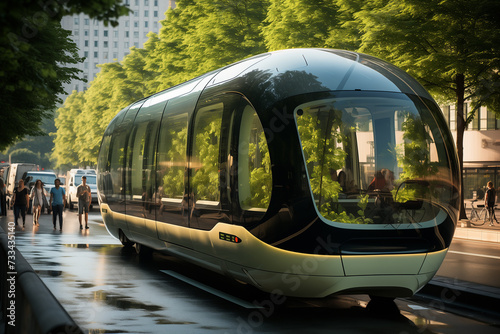 Green solutions for urban mobility. Modern, futuristic train passing on mono rail in the city. Ecological future concept. 