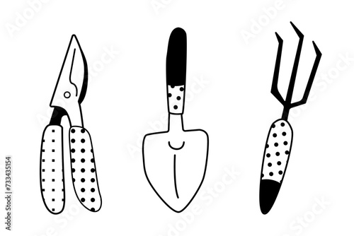 Gardening tools line art set featuring pruning shears, trowel, and fork on a white background. Gardening and horticulture concept for design, educational materials, and DIY project instructions