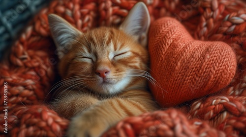 Słodki rudy kotek leży na kocu robionym na drutach obok poduszki serca własnoręcznie zrobionej